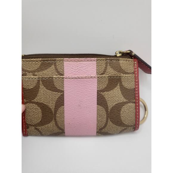 COACH Card Coin ID Case Holder With Key Chain Tan & Pink Leather Fabric Lining - Picture 4 of 7